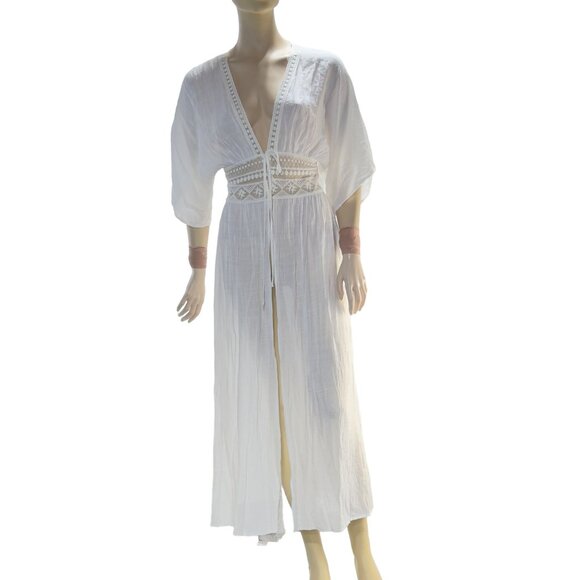 BLUE RAIN Women's Swimsuit Cover Ivory Dolan Sleeve Tie Crochet Waist Size XS - Picture 4 of 11